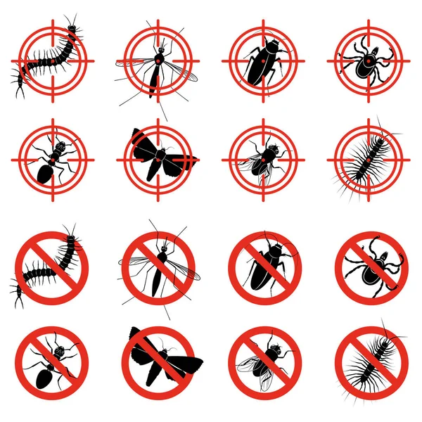 Insectos Nocivos Signos Prohibición Monocromo Icono Conjunto Orugas Gusanos Cucarachas — Archivo Imágenes Vectoriales