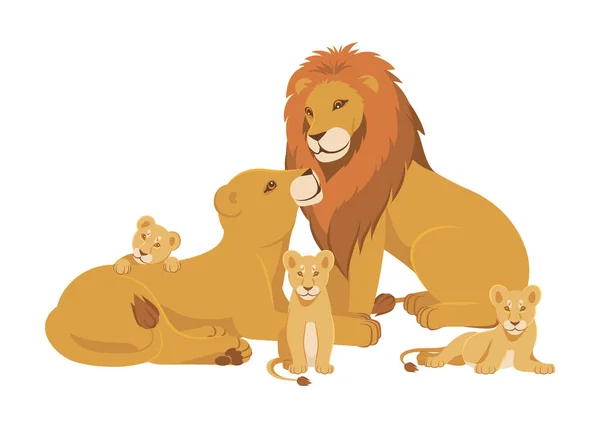 Lion Family Cartoon Composition Father Mother Lioness Three Cubs Vector — Stock Vector