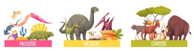 Paleozoik mezozoik ve sanozoik dönemler izole çizgi film çizimi ile jeokronolojik ölçek seti