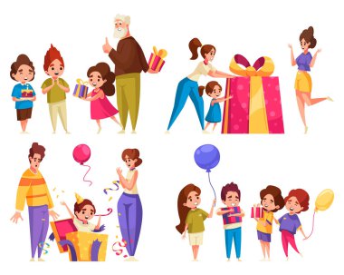 Tatil, aile kutlama sahneleriyle belirlenmiş karikatür simgeleri sunar. İzole edilmiş vektör illüstrasyonu