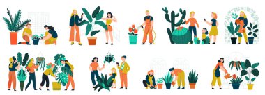 Bitki yetiştiren insanların izole edilmiş vektör illüstrasyonları ile renklendirilmiş botanik bahçesi simgeleri