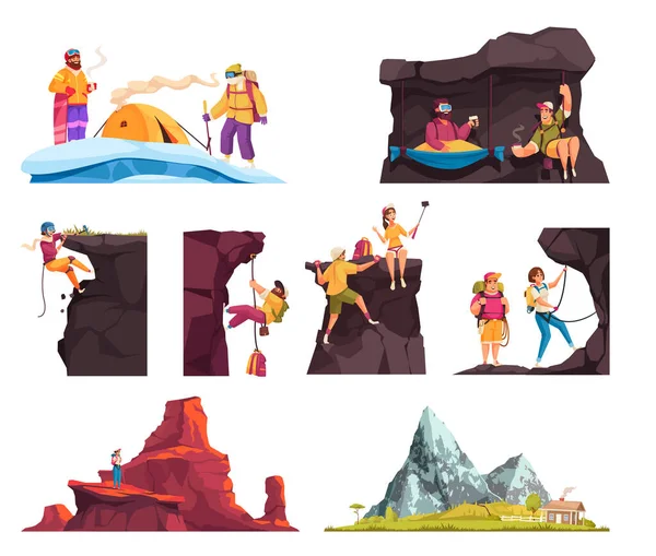 Climber Flat Compositions Set Brave People Conquering Peaks Mountains Using — Stock Vector