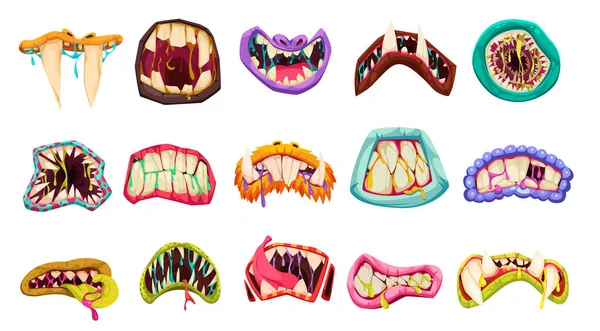 Canavar Ağızlı Karikatür Seti Dişleri Sivri Dişleri Olan Izole Edilmiş — Stok Vektör