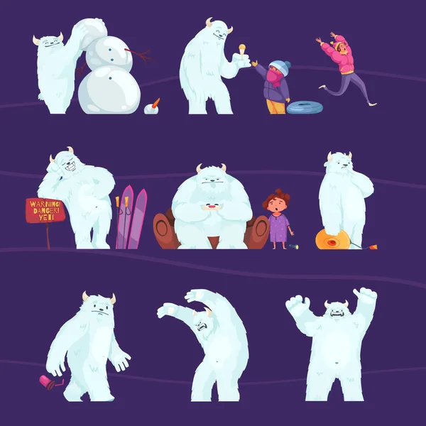 Смешные Йети Персонажи Маленькие Дети Контактирующие Снежным Человеком Изолированные Фиолетовом — стоковый вектор