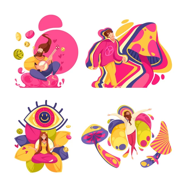 Hallucination 2X2 Design Concept Set Hippie Characters Influence Trippy Mushrooms — Stock Vector