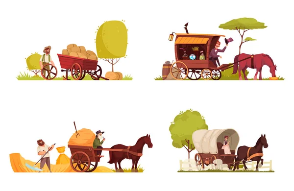 Horse Drawn Vehicles 2X2 Compositions Set Carriage Coach Cart Wagon — Stock Vector