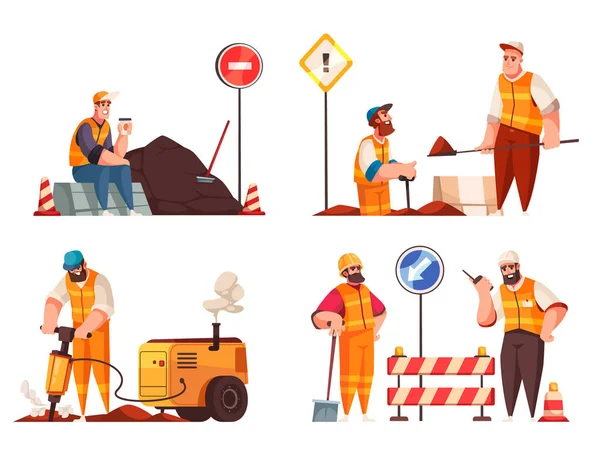 Road Repair 2X2 Design Concept Set Male Characters Working Jackhammer — Stockový vektor