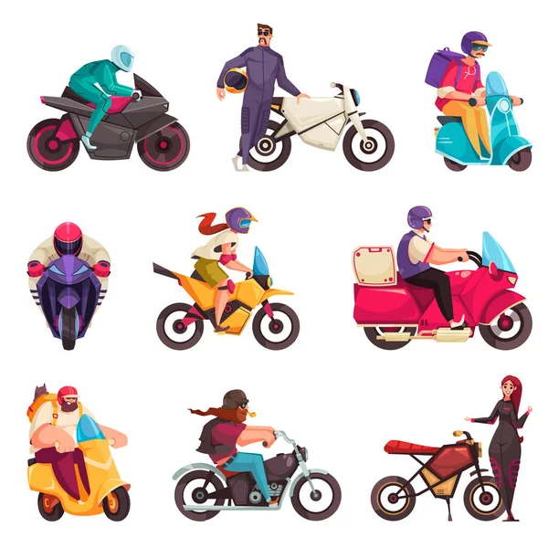 Ícones Desenhos Animados Motocicleta Com Motociclistas Motos Masculinos Femininos Ilustração — Vetor de Stock
