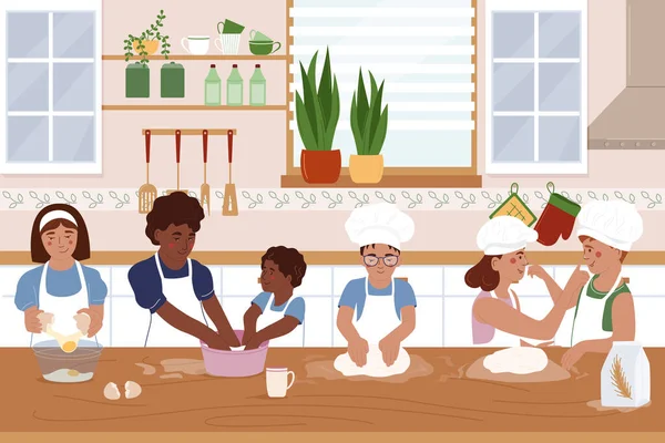Affiche Plate École Cuisine Infantile Montrant Groupe Enfants Pétrissant Pâte — Image vectorielle
