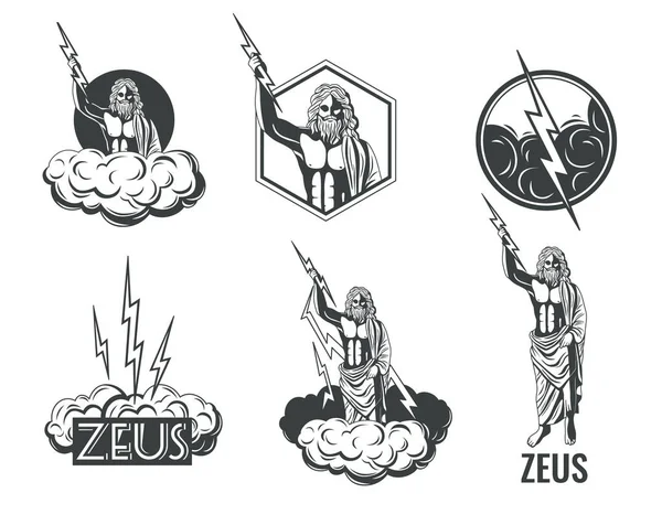 Zeus Greco Olimpico Dio Con Fulmini Emblemi Bianco Nero Impostato — Vettoriale Stock