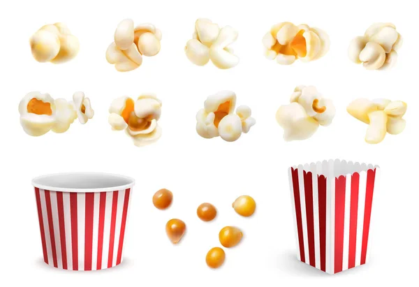 Realistische Popcorn Granen Pluizige Stukjes Kartonnen Emmer Pictogrammen Set Geïsoleerde — Stockvector
