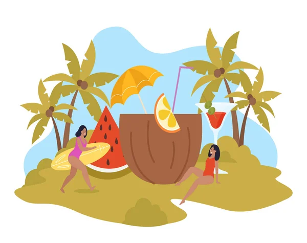 Entspannen Und Chillen Flachen Hintergrund Mit Zwei Mädchen Badeanzügen Sonnenbaden — Stockvektor