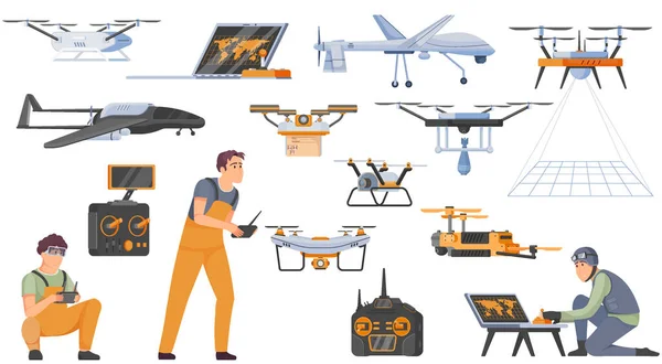 Drones Pictogrammen Ingesteld Met Onbemande Luchtvaartuigen Symbolen Platte Geïsoleerde Vector — Stockvector