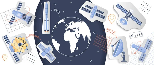 Satelliten Collage Mit Telekommunikations Und Datensymbolen Flache Vektorillustration — Stockvektor
