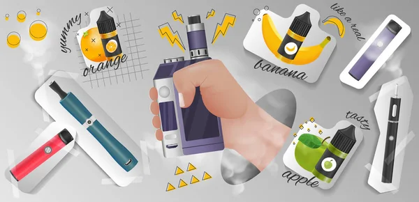 Vape Realistische Collage Met Smakelijke Elektronische Sigaretten Symbolen Vector Illustratie — Stockvector