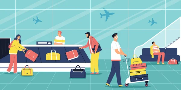 People Collecting Suitcases Baggage Carousel Airport Flat Vector Illustration — Stock Vector