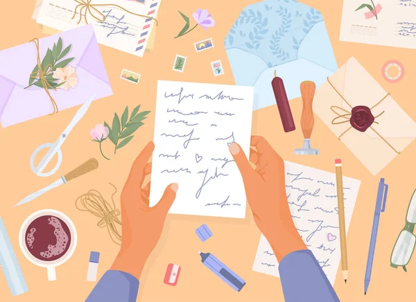Romantik Mektuplar Bir Masada Romantik Bir Mektup Okuyan Düz Kompozisyon — Stok Vektör