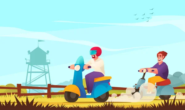 Eco Transport Affiche Dessin Animé Avec Jeunes Hommes Sur Scooters — Image vectorielle