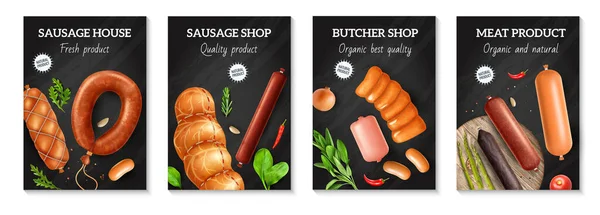 Poster Saucisse Réaliste Avec Quatre Compositions Verticales Produits Carnés Verts — Image vectorielle