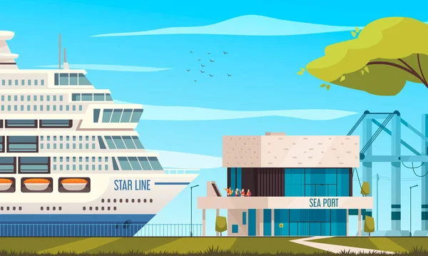 Kreuzfahrtschiff Cartoon Mit Reiseschiff Ankunft Seehafen Vektor Illustration — Stockvektor