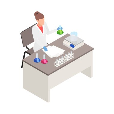 Bilim laboratuarı 3D izometrik vektör çiziminde mataralarla çalışan kadın bilim adamı.