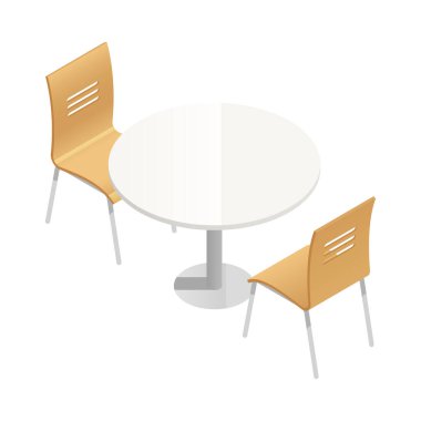 Fast food restoranının içi boş yuvarlak masa ve iki sandalye 3D izometrik vektör çizimi