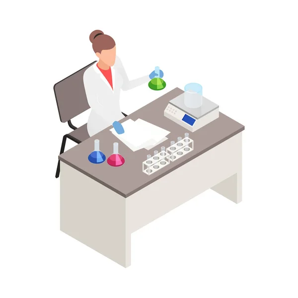 科学研究室でフラスコを扱う女性科学者3Dアイソメトリックベクトルイラスト — ストックベクタ