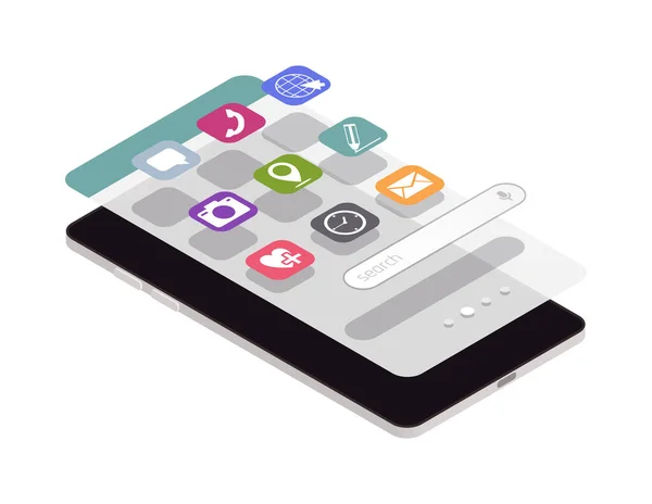 画面上のアプリのスマートフォンやアイコンとアプリケーション開発等の等角概念3Dベクトルイラスト — ストックベクタ