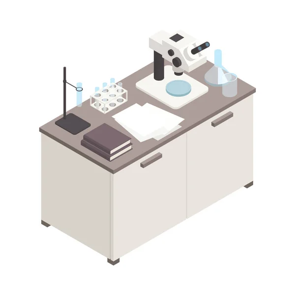 Laboratorio Ciencia Isométrica Interior Del Lugar Trabajo Con Microscopio Cristalería — Archivo Imágenes Vectoriales