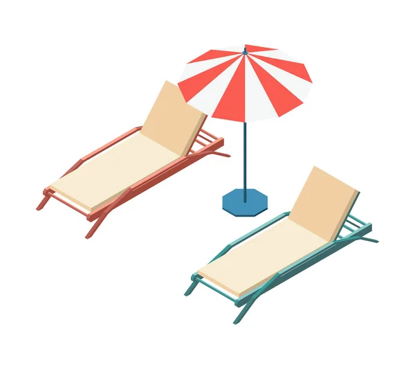 2つの等角空のビーチラウンジと傘の3Dベクトルイラスト — ストックベクタ