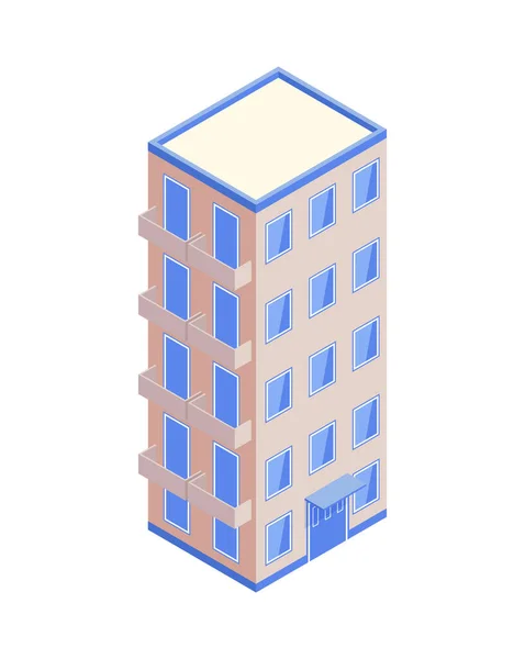 近代的な5階建ての白の背景の3Dベクトル図上の都市住宅の建物と等角線アイコン — ストックベクタ