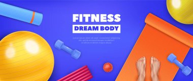 Fitness paspasları ve diğer ekipman vektör illüstrasyonlu gerçekçi yoga posteri