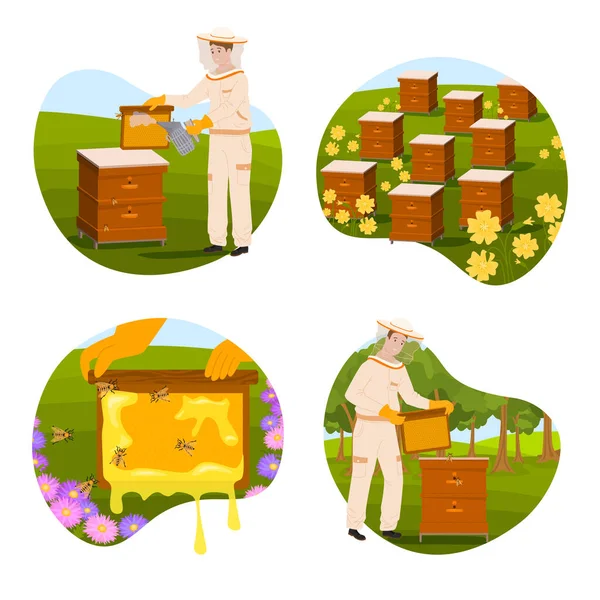 Beekeeping Flat 2X2 Set Circle Shaped Compositions Outdoor Landscapes Beehives — Stock Vector