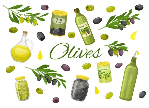 Aceitunas Verdes Negras Fondo Plano Con Aceite Botellas Ilustración Vectorial — Vector de stock