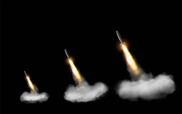 Realisztikus Készlet Három Kilőtt Rakéták Így Tűz Füst Szalagok Elszigetelt — Stock Vector