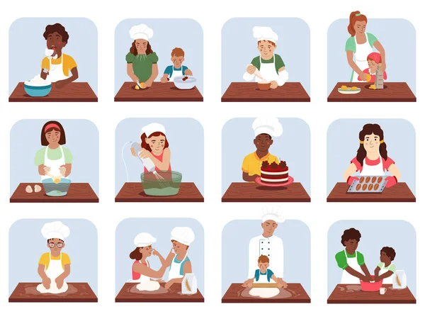 Escola Culinária Infantil Conjunto Recolor Plana Crianças Amassar Massa Chantilly — Vetor de Stock