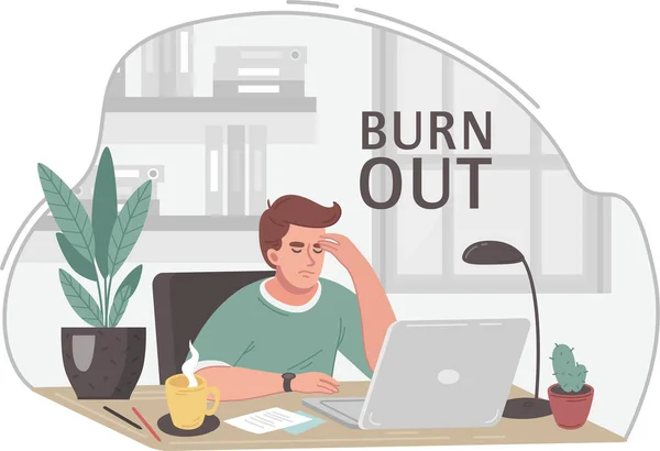 Uomo Sensazione Burnout Professionale Lavorando Sul Computer Portatile Con Una — Vettoriale Stock