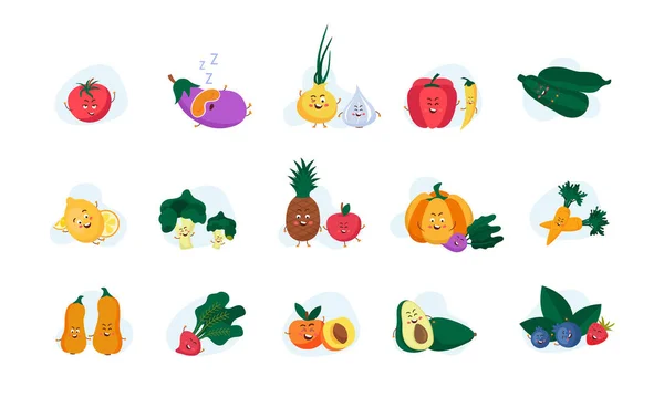 Régime Végétalien Personnages Dessins Animés Drôles Ensemble Légumes Fruits Baies — Image vectorielle