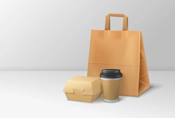 Burger Box Mockup Composition Cardboard Box Coffee Cup Paper Bag — Stock Vector