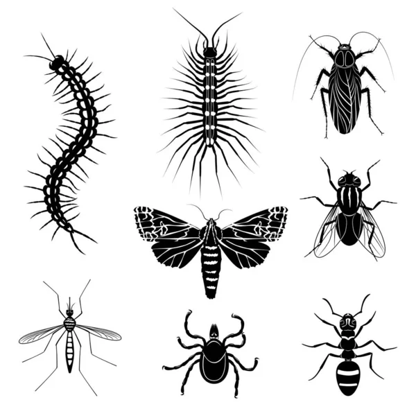 Harmful Insects Cartoon Monochrome Icon Set Different Disgusting Insects Harm — Stock Vector