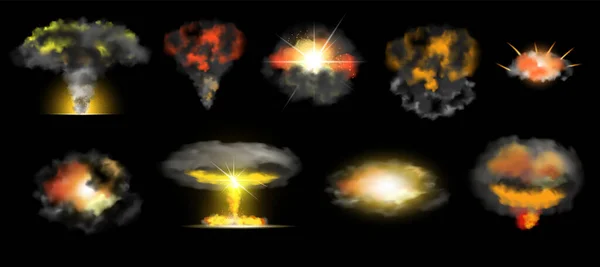 Atombombenexplosionseffekt Mit Rauch Und Flamme Realistisch Gesetzt Isoliert Auf Schwarzem — Stockvektor