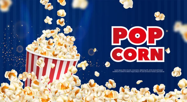 Realistisches Popcorn Poster Mit Auf Eimer Fallenden Flocken Auf Blauem — Stockvektor