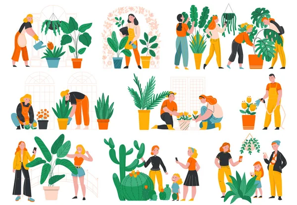Ботанічний Сад Плоскі Ікони Встановлені Людьми Вирощують Екзотичні Рослини Кактуси — стоковий вектор