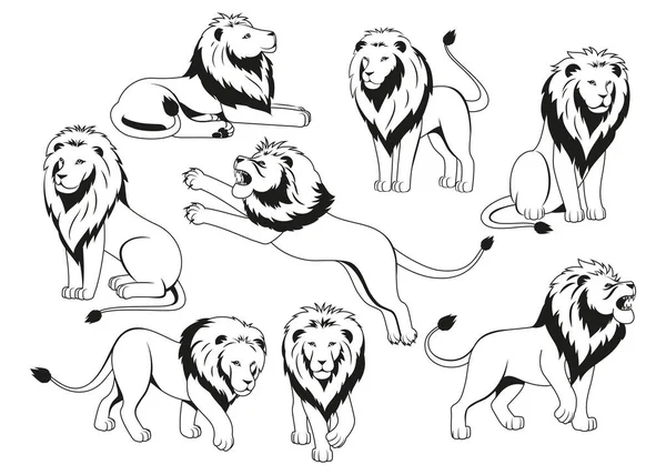 Ícones Leões Heráldicos Planos Com Predador Monocromático Diferentes Poses Ilustração — Vetor de Stock