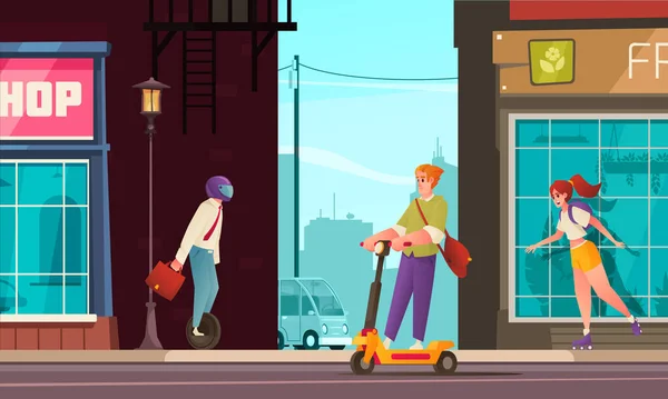Eco Trasporto Cartoni Animati Poster Con Giovani Sul Trasporto Elettrico — Vettoriale Stock