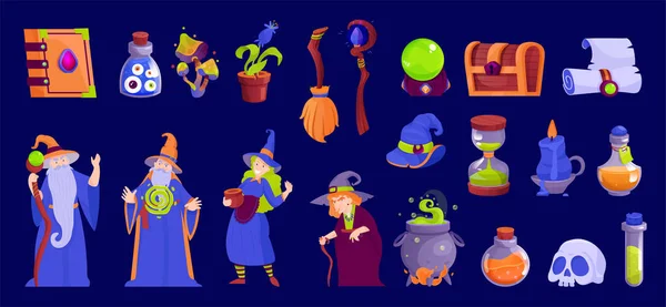Iconos Dibujos Animados Color Mágico Conjunto Con Bruja Mago Equipo — Vector de stock