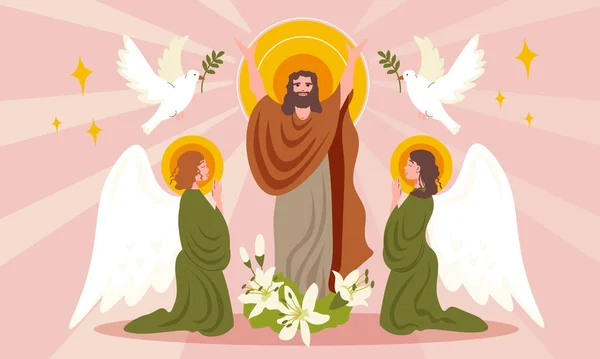 Osterflache Komposition Mit Jesus Christus Tauben Und Betenden Engeln Vektorillustration — Stockvektor