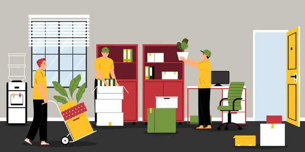 Arbeiter Packen Sachen Kisten Während Sie Eine Neue Bürowohnung Ziehen — Stockvektor