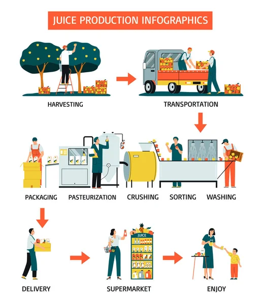Etapy Produkcji Soku Zbiorów Sprzedaży Płaska Infografika Wektor Ilustracja — Wektor stockowy