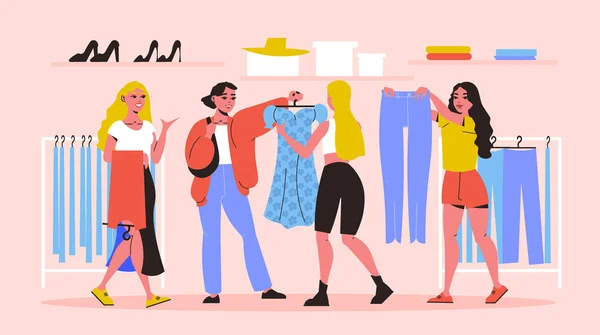 女性ショッピングフラット背景とともに女の子ピックアップファッショナブルな服のために彼らのガールフレンド漫画ベクトルイラスト — ストックベクタ
